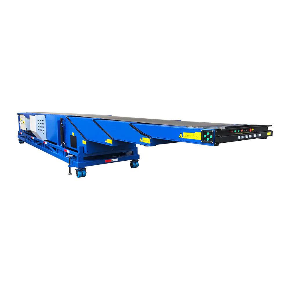 Portable mobile telescopic belt conveyor for loading unloading grain bags into containers trucks