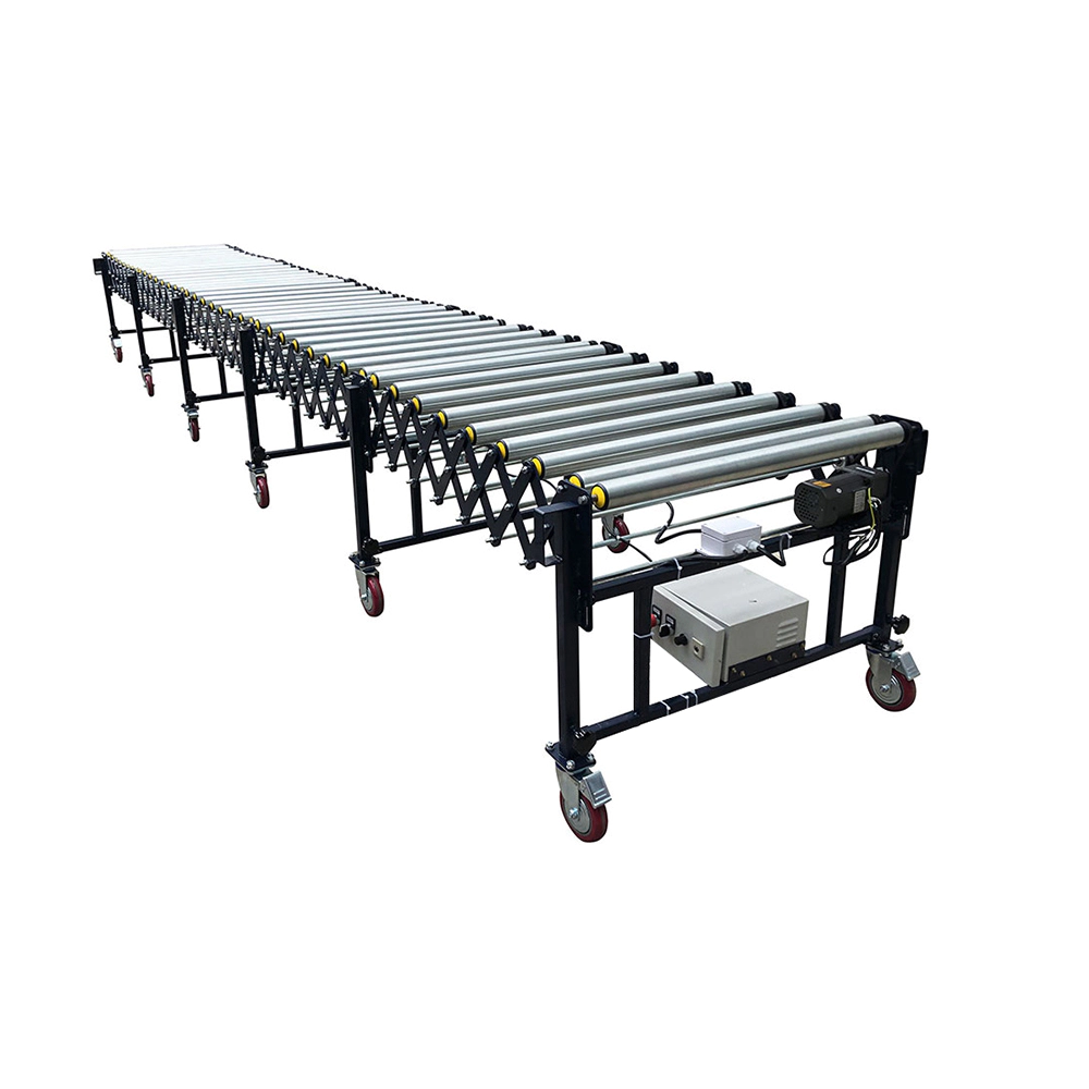 Motorized telescopic heavy duty  roller conveyor for loading unloading jerry cans in warehouse