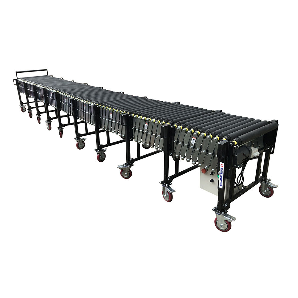 Powered roller conveyor belt expandable load unloading conveyor line