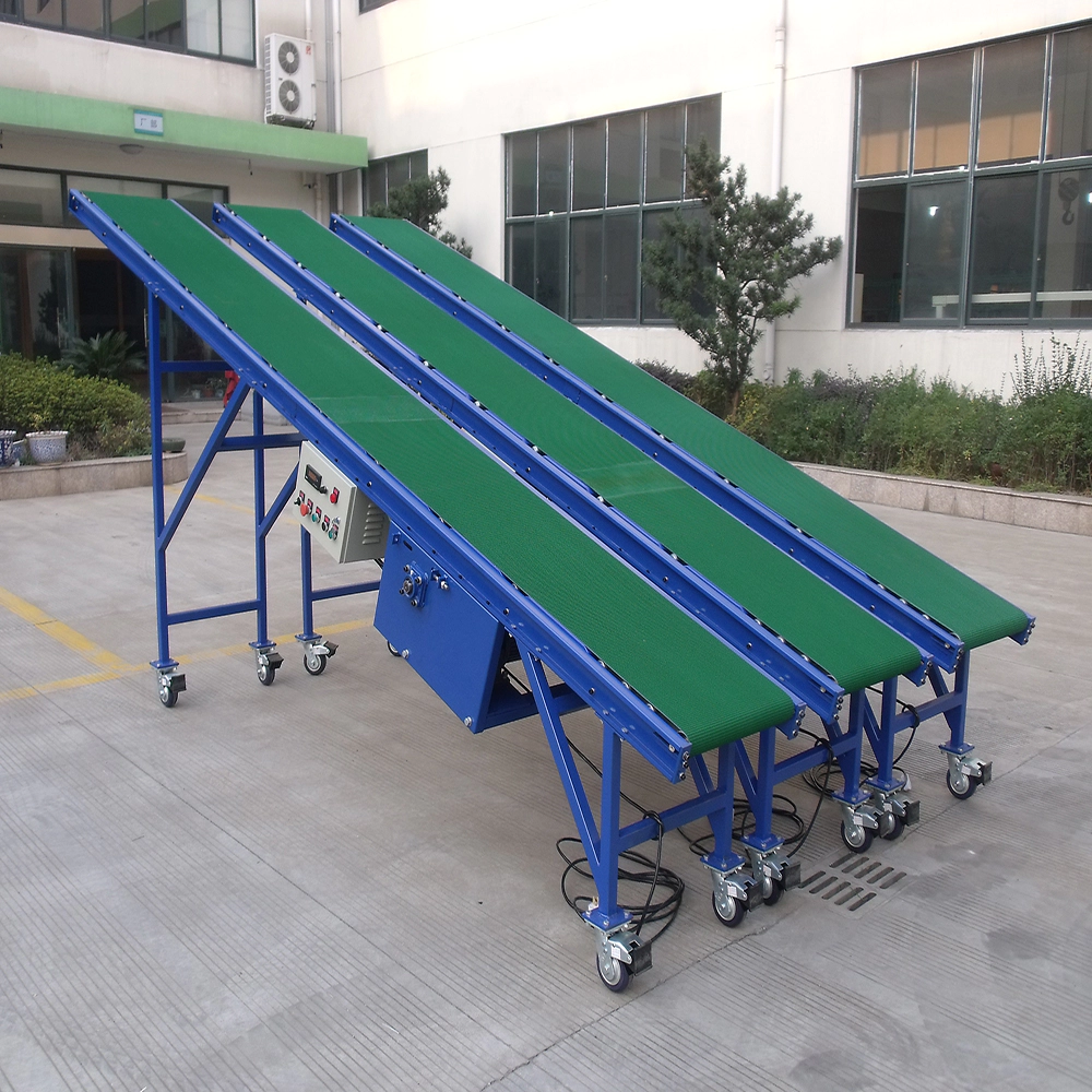 Adjustable height inclined belt conveyor for loading cartons to mezzanine