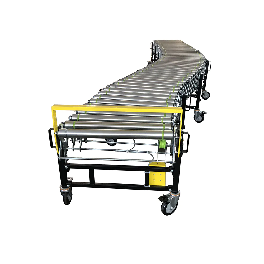 Flexible powered roller conveyor for warehouse loading and unloading