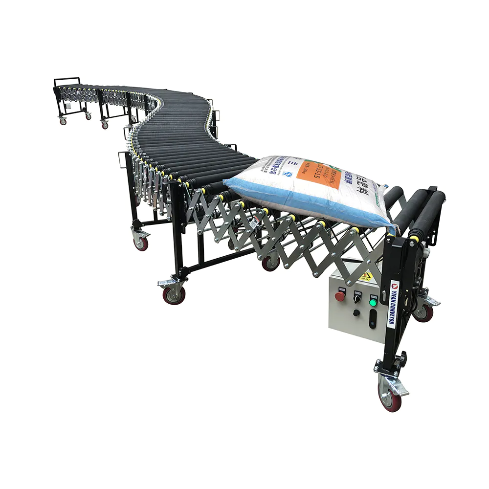 Flexible motorized roller conveyor for loading unloading 50KG rice fertilizer sugar bags into trucks containers