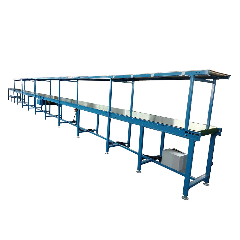 Motorized belt conveyor with two side emergency stop buttons