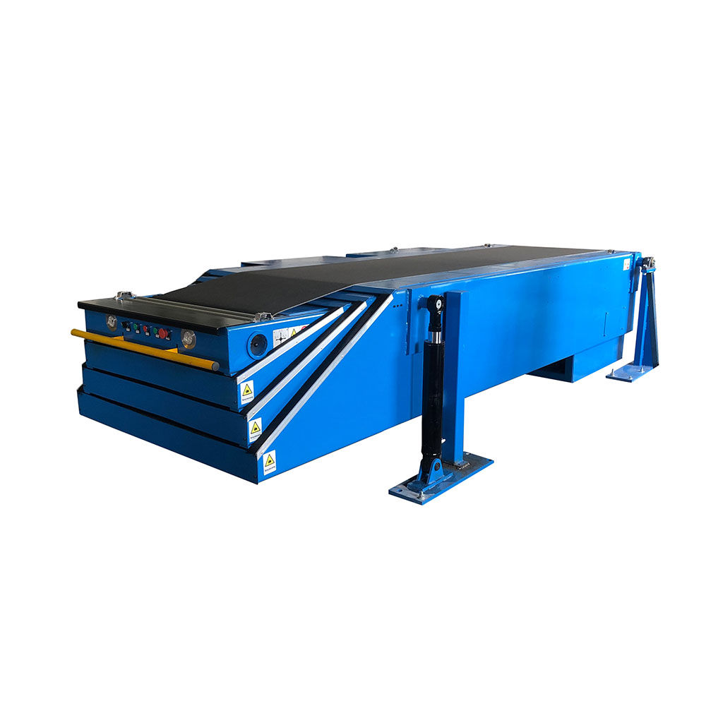 Telescopic truck loading rubber flat belt conveyor with end package stop sensor
