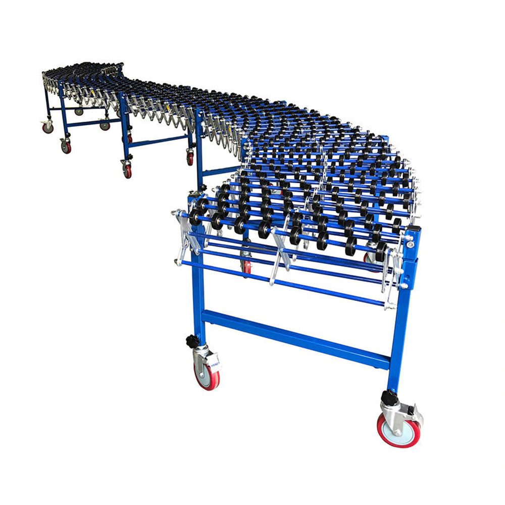 Flexible and extendable gravity wheel roller unloading conveyor