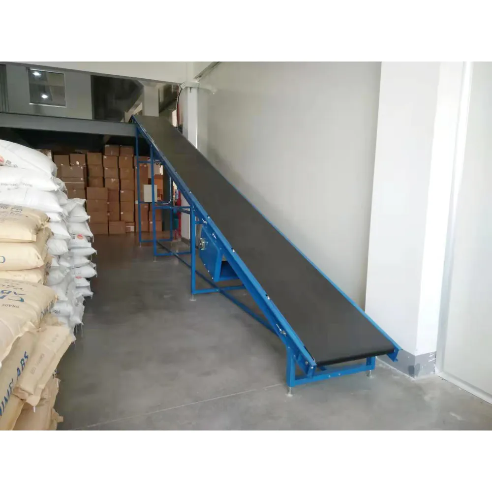 Inclined belt conveyor systems for transport boxes bags bwteen floors