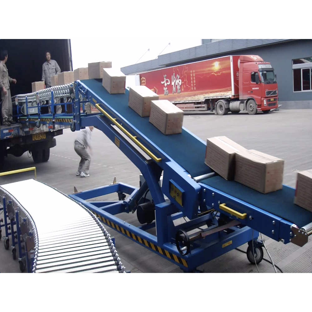 Belt conveyor for truck loading unloading cartons, boxes to warehouse