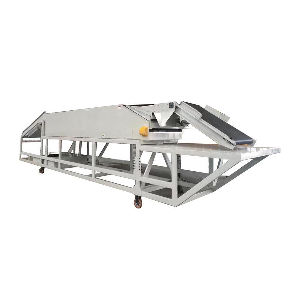 Movable telescopic conveyor with platform for loading unloading containers