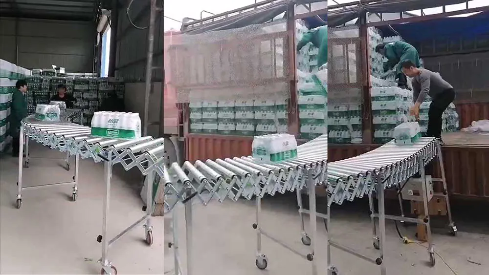 Water bottles unloading extendable powered roller conveyor